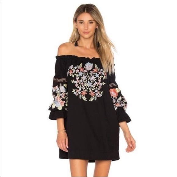 Free People Fleur Du Jour Enchanted Garden Black Off-Shoulder Mini Dress Small - Picture 1 of 10